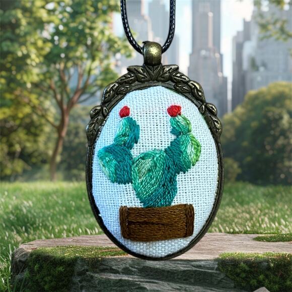 Embroidery Prickly Pear Cactus Pendant ~ Handmade Jewelry - Picture 1 of 4